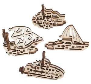Ugears 3D drevené mechanické puzzle 4 mechanické prívesky Plavidlá