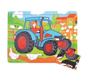 Bigjigs Toys Drevené puzzle traktor 9 dielikov