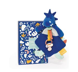 Doudou Darčeková sada - Hračka s úchytom na cumlík dinosaurus modrý 23 cm