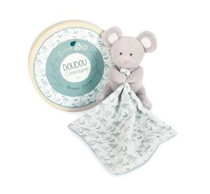 Doudou Darčeková sada - Plyšová myška s dečkou z BIO bavlny 15 cm zeleno-biela
