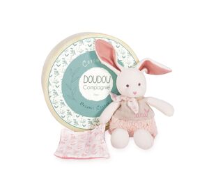 Doudou Darčeková sada - Plyšový Ecru králiček s ružovou dečkou z BIO bavlny 22 cm