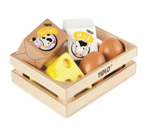 Tidlo Drevená debnička s mliečnymi výrobkami a vajcami