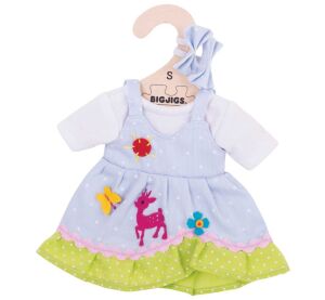 Bigjigs Toys Modré bodkované šaty s jeleňom pre bábiku 28 cm