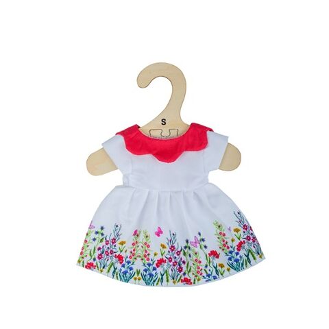 Bigjigs Toys Biele kvetinové šaty s červeným golierom pre bábiku 25 cm