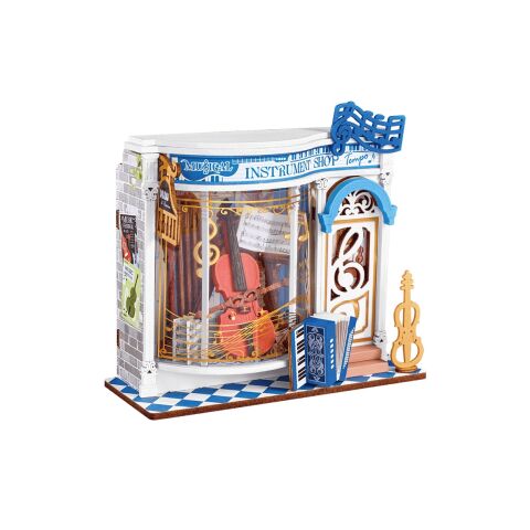 RoboTime 3D drevená skladačka Miniatúra domčeka mini Obchod s hudobnými nástrojmi